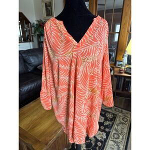 Worthington Women’s 2X Orange Leaf Print V-Neck Long Sleeve Blouse
